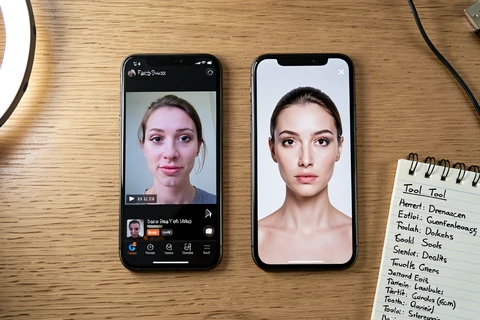Two smartphones lying flat on a wooden table side by side, the left phone displaying a video face swap result mid-frame and the right phone displaying a static high-resolution portrait edit with a clean studio background, both screens illuminated. Setting is a creator's workspace with a ring light visible at the edge of frame. Details include a small notepad listing tool names and a USB cable trailing off the table. Lighting is soft daylight from above and slightly behind, with a gentle bounce off the table surface giving each screen even, color-accurate exposure. Atmosphere is comparative and analytical, photographed top-down in flat-lay product-review style.