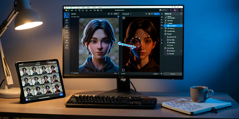 A creator's desktop monitor displaying a side-by-side portrait editing workflow in a generative AI interface, with the original photo of an original character on the left and a relit, identity-preserved version on the right, the cursor hovering over a face region selection in the editor. Setting is a quiet home studio at dusk with a softly lit desk and a coffee cup beside the keyboard. Details include a tablet showing reference image thumbnails and a notebook with handwritten prompt notes. Lighting is warm tungsten from a desk lamp angled left, with cool blue ambient light from the screen filling shadows on the face. Atmosphere is focused and editorial, photographed in a documentary style with shallow depth of field.