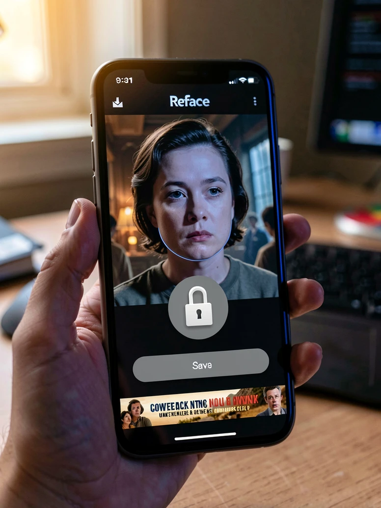 A smartphone held in a hand, screen filled with the Reface app showing a completed face swap preview of a person's face mapped onto a film scene, with a prominent grey lock icon over a download button labelled "Save" and a small banner ad strip across the bottom. Indoor setting, casual desk in soft focus behind the phone. Lighting is warm, diffused window light from the left, slightly cool screen glow on the user's fingertips. Calm, observational mood, realistic photography style.
