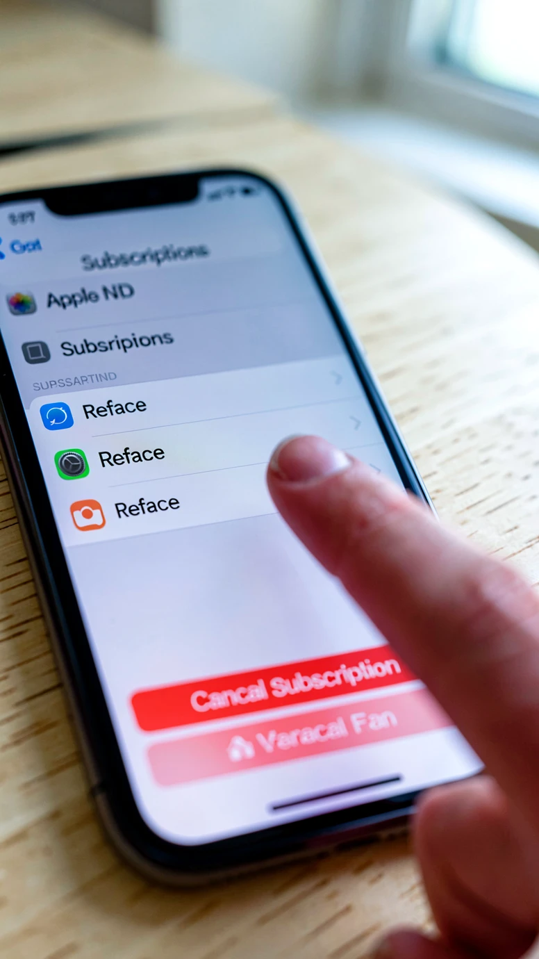 Close-up of an iPhone screen displaying the iOS Subscriptions panel under the Apple ID menu, with a row labelled "Reface" highlighted and a red "Cancel Subscription" button visible at the bottom of the screen, finger of a person hovering over the row. The phone rests on a light wooden desk, partially blurred. Soft daylight from a window on the right edge, cool white screen glow on the finger. Quiet, instructional atmosphere, realistic close-up photography.