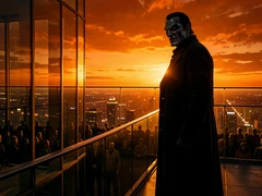 A figure in a long dark coat stands at the edge of a glass skyscraper observation deck at dusk, silhouetted against a burning orange sky, addressing an unseen crowd below. City lights begin to flicker on in the distance. Backlit by the setting sun, the face is partially shadowed. Style: cinematic villain portrait. Mood: menacing and theatrical.
