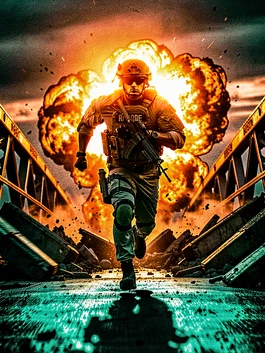 A cinematic action scene showing a figure in tactical gear running across a collapsing bridge at dusk, orange explosions behind them and teal shadows in the foreground. The color grade is heavily stylized with crushed blacks and boosted highlights. The face is fully lit by a warm explosion glow from behind. Style: blockbuster action film color grade. Mood: intense and kinetic.