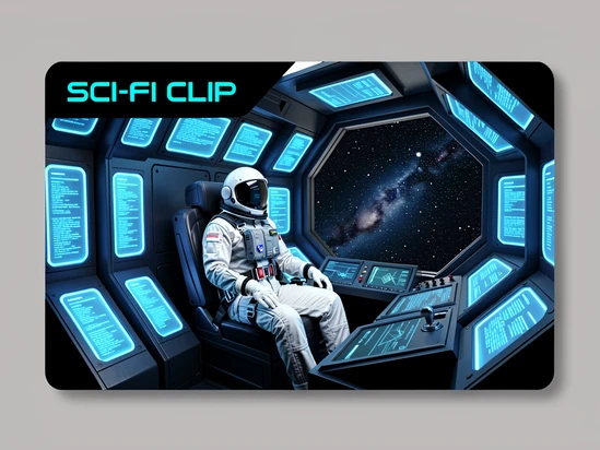 A preview card showing a sci-fi template layout with a figure in a white flight suit seated in a cockpit surrounded by glowing blue panels and a starfield viewport. The card label reads 'SCI-FI CLIP' in a futuristic sans-serif font in cyan at the top left. Cool blue and deep black tones dominate the composition. Style: clean digital template card. Mood: futuristic and immersive.