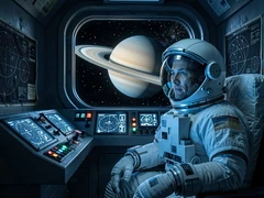 An astronaut in a white pressure suit sits inside a dimly lit spacecraft cockpit surrounded by glowing instrument panels and star maps, gazing through a wide viewport at a ringed planet. Cool blue console light falls across the helmet visor. Distant stars fill the background. Style: photorealistic sci-fi film frame. Mood: awe-inspiring and solitary.