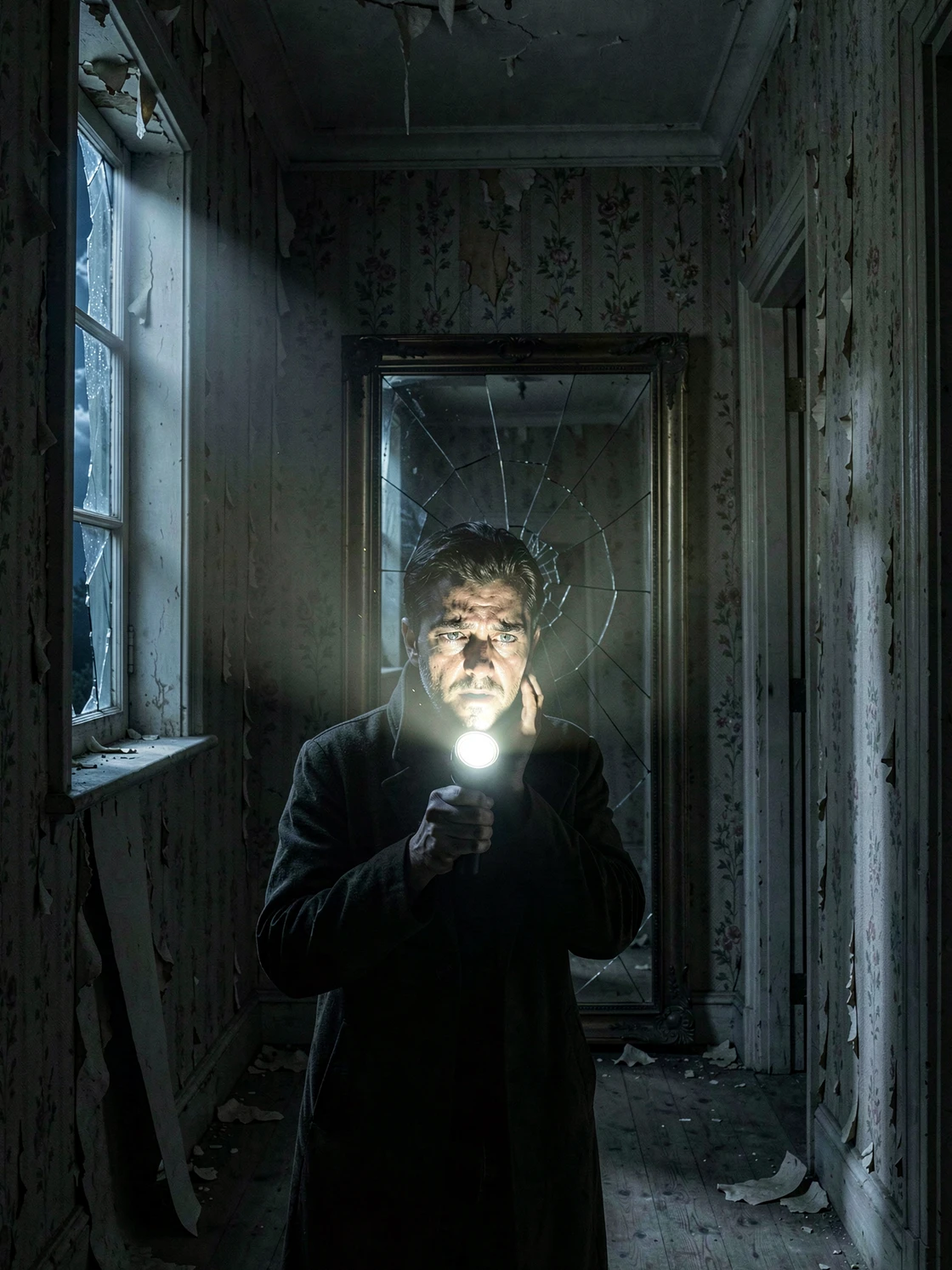 A figure holds a flickering flashlight inside a decaying Victorian hallway, the beam illuminating peeling wallpaper and a cracked mirror at the far end. The face is lit from below by the flashlight, creating dramatic upward shadows. Pale moonlight enters through a broken window on the left. Style: atmospheric horror film still. Mood: dread-filled and claustrophobic.