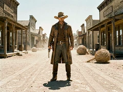 A lone gunslinger in a dusty wide-brimmed hat and leather duster stands in the middle of a sun-bleached frontier town main street, hand hovering near a holstered revolver. Harsh midday sun casts a short shadow directly beneath them. Tumbleweeds drift past wooden storefronts. Style: classic Western film still. Mood: tense and sun-scorched.