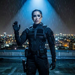 A person with natural, expressive features wearing a sleek black tactical suit stands on a rain-soaked rooftop at night, city lights blazing behind them. The face is fully lit by a cool blue spotlight from above, casting sharp cheekbone shadows. The posture is confident, one hand raised. The scene has the color grade and depth of a big-budget action film still.