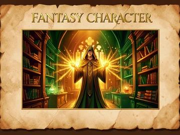 A preview card showing a fantasy-themed template with a robed figure standing in a glowing magical library, golden light radiating from their hands. The card has a parchment-textured border and the label 'FANTASY CHARACTER' in an elegant serif font in gold at the top. Warm amber and deep green tones fill the scene. Style: illustrated template preview. Mood: enchanting and epic.