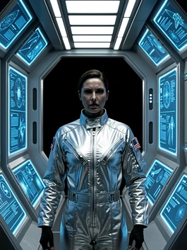 A figure in a silver flight suit stands inside a sleek spacecraft corridor lined with glowing blue panels and holographic displays. Cool white overhead lighting creates crisp shadows on the face and suit. The background fades into deep black. Style: hard sci-fi film still with clean production design. Mood: precise and otherworldly.