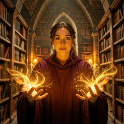 A person with warm, detailed facial features wears deep burgundy robes and stands inside a stone tower library, golden magical light erupting from outstretched hands and illuminating ancient bookshelves. Warm amber light wraps around the face from below, highlighting the eyes. The scene has the rich color palette and soft depth-of-field of a high-fantasy film production still.
