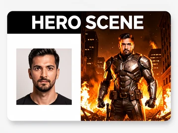 A preview card showing a split composition: on the left, a plain portrait photo thumbnail; on the right, the same face seamlessly placed on an armored action hero standing in a burning cityscape at night. Bold sans-serif text reads 'HERO SCENE' in white at the top of the card. Warm orange fire light dominates the right panel. Style: clean UI template preview card. Mood: bold and cinematic.