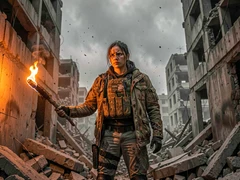 A survivor in worn tactical gear and a weathered jacket stands in the rubble of a collapsed city block, holding a makeshift torch that casts warm orange light across crumbling concrete walls. Ash drifts through the air. Overcast grey sky fills the background. Style: gritty post-apocalyptic film still. Mood: determined and desolate.