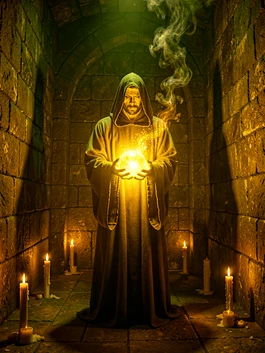 A robed figure stands in a candlelit stone dungeon, golden magical light emanating from a glowing orb in their hands and casting long warm shadows across rough stone walls. The color palette is deep amber and forest green. Smoke drifts near the ceiling. Style: dark fantasy film still with rich practical lighting. Mood: mysterious and ancient.