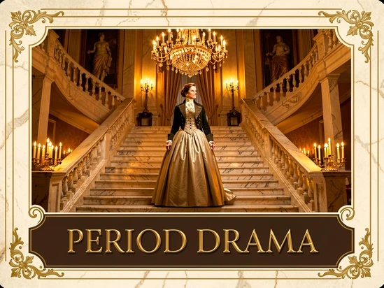 A preview card showing a period drama template with a figure in a formal tailcoat or ballgown standing at the top of a grand marble staircase inside a chandelier-lit ballroom. The card label reads 'PERIOD DRAMA' in an ornate serif font in gold at the bottom. Warm golden candlelight fills the scene. Style: elegant template thumbnail. Mood: romantic and refined.