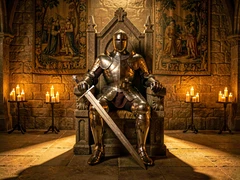 A knight in full polished plate armor sits on a stone throne inside a candlelit great hall, one gauntleted hand resting on a broadsword. Tapestries hang on rough stone walls behind them. Warm amber candlelight casts long shadows across the floor. Style: epic fantasy film still. Mood: regal and commanding.
