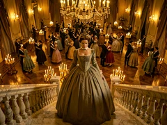 A figure in an elegant 19th-century ballgown or tailcoat stands at the top of a grand marble staircase inside a chandelier-lit ballroom, looking down at a crowded dance floor below. Warm golden light from hundreds of candles reflects off polished floors. Style: lush period drama film still. Mood: romantic and opulent.