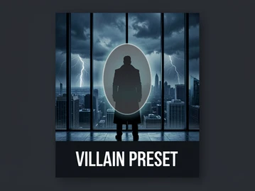 A preview card showing a dark-toned template layout with a silhouetted figure in a long coat standing before a floor-to-ceiling window overlooking a stormy city. A face placeholder oval glows faintly in the center. The card label reads 'VILLAIN PRESET' in sharp white uppercase letters at the bottom. Cool blue and grey tones dominate. Style: sleek template thumbnail. Mood: ominous and stylish.