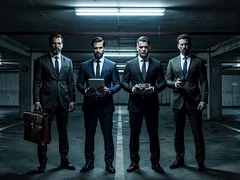 A crew of four sharply dressed individuals stands in a row inside a dimly lit parking garage, each holding a different piece of equipment — a briefcase, a tablet, a keycard, a radio. Cool fluorescent light from above creates hard shadows on their faces. Style: stylish crime thriller ensemble shot. Mood: slick and conspiratorial.