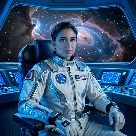 A person with clear, photorealistic facial features sits in a spacecraft command chair wearing a white and silver flight suit, surrounded by glowing blue instrument panels and a wide viewport showing a nebula. Cool blue console light falls evenly across the face. The image has the sharp focus and cinematic framing of a major science-fiction film still.