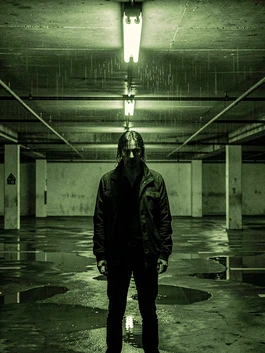 A figure in a dark jacket stands under a single flickering fluorescent light inside a rain-soaked parking garage, face half in shadow and half lit by the harsh overhead source. The color palette is near-monochrome with faint green tones. Puddles reflect the light on the concrete floor. Style: gritty crime thriller film still. Mood: suspicious and claustrophobic.